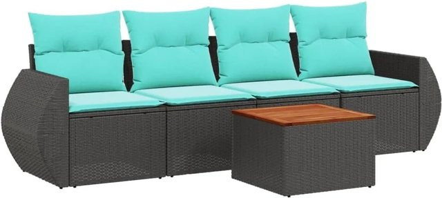 vidaXL 5-tlg. Gartensofa-Set aus Polyrattan mit Kissen in Schwarz und Blau für Garten und Terrasse - Bild 1