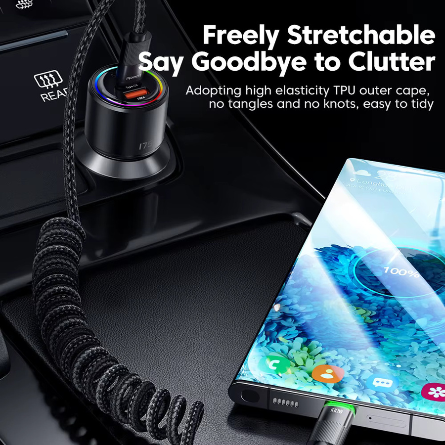 Toocki USB-C auf USB-C Federkabel Schwarz mit PD 100W Schnellladefunktion für iPhone 15 16 Samsung S23 und MacBook - Bild 5