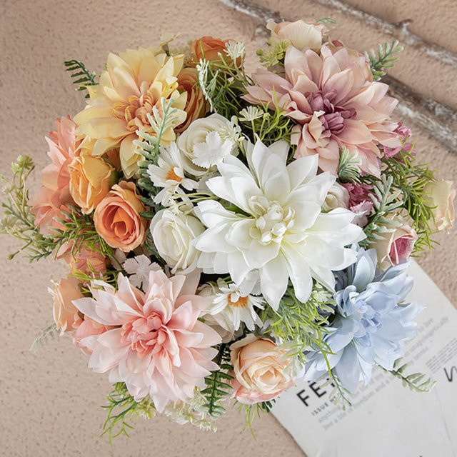 Künstliche Blumen Kombination aus Dahlien und kleinen Rosen in Gelb und Multicolour für Hochzeit, Dekoration und Fotografie-Requisiten - Bild 1