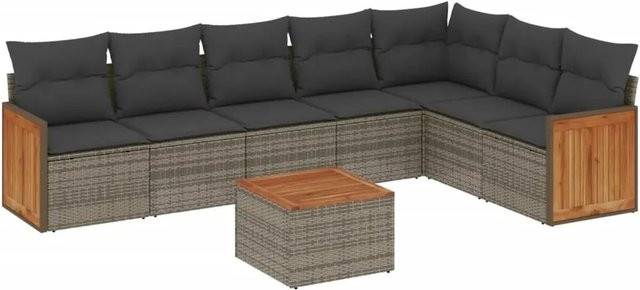 vidaXL 8-tlg Garten-Sofagarnitur in L-Form aus Polyrattan und Akazienholz mit Kissen in Grau - Bild 1
