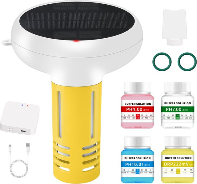 Yieryi Solar-WLAN-Zigbee 7-in-1 Schwimmbad-Wasserqualitätstester in Weiß zur Messung von pH-Wert, Chlor, Salz und Temperatur - Bild 1