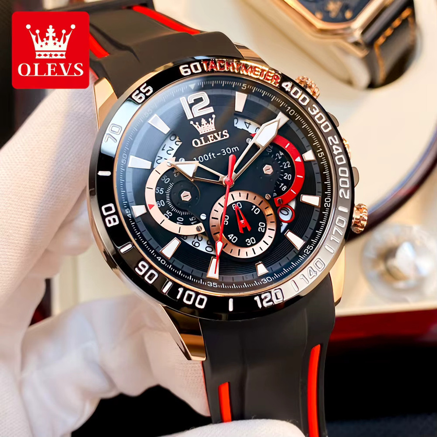OLEVS Chronographenuhr, Quarz, Edelstahl, Kautschukarmband, Schwarz, Herren - Bild 3