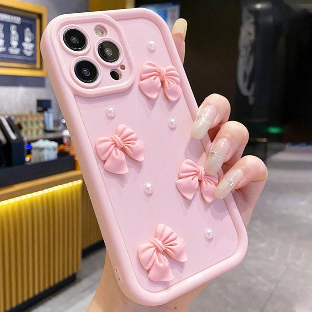 Rui Di Silikon Handyhülle mit 3D Schleife und Perlen für iPhone 11 bis iPhone 17 Pro Max, Stoßfest, Rosa - Bild 1