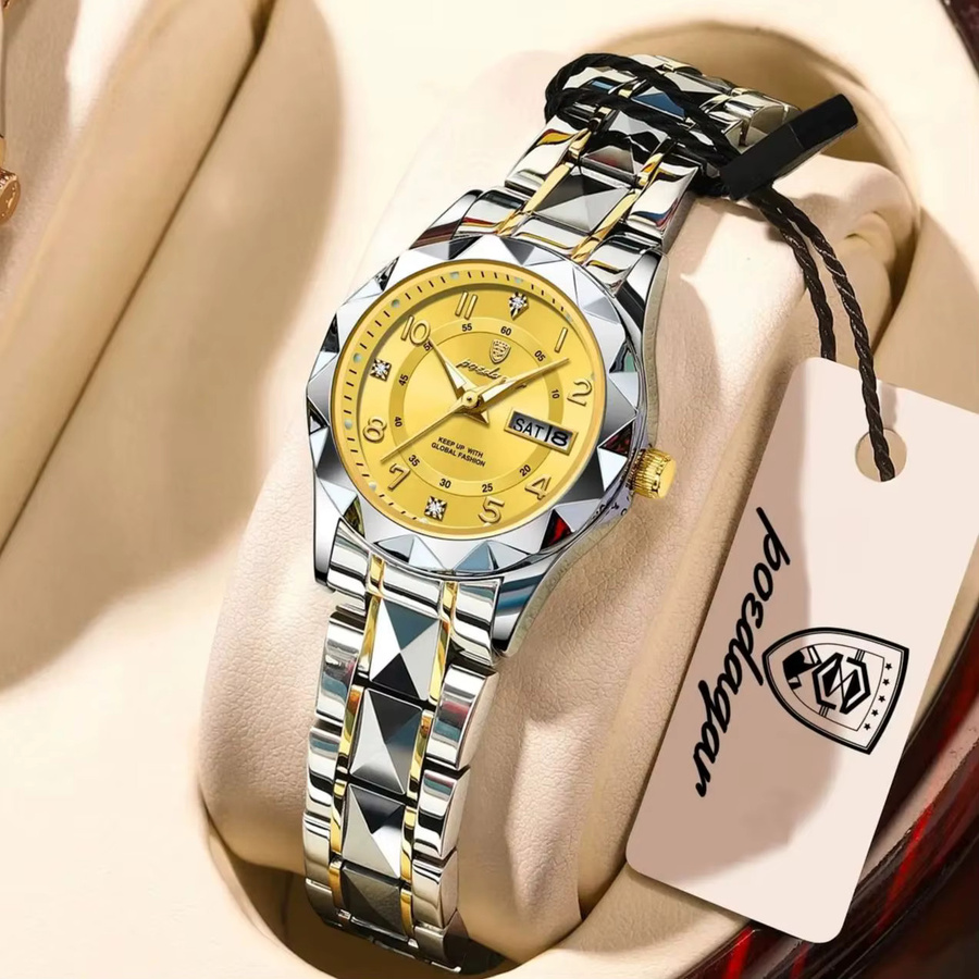POEDAGAR Armbanduhr Damen, Quarz, Edelstahl, Datum, Wochentag, Gold - Bild 2