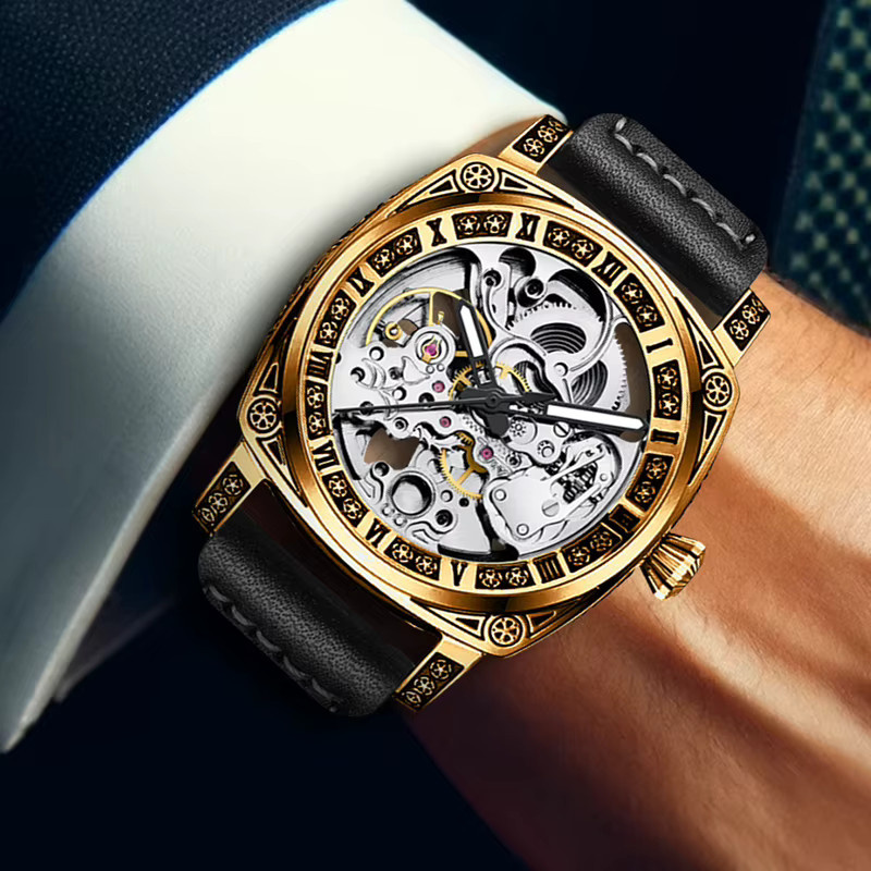 CAROTIF Armbanduhr, mechanisch, Messing Gold, weißes Zifferblatt, Lederarmband Schwarz, Herren - Bild 5