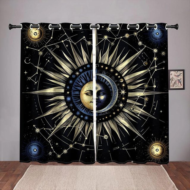 Yiran Furniture Verdunkelungsvorhang mit Sonne Mond und Sternbild im Boho Gothic Design, 2 Paneele, Schwarz, Breite: 100 cm, Höhe: 130 cm - Bild 1