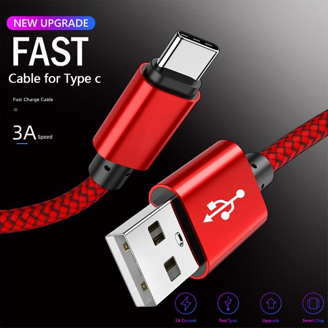 GeydrQ USB A auf Typ C Ladekabel 2.4A aus geflochtenem Nylon für Android-Smartphones in Grau und Rot - Bild 1