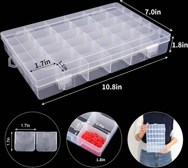 QIAO Organizer-Box aus transparentem Kunststoff mit 36 Fächern und verstellbaren Trennwänden für Schmuck, Perlen und Bastelbedarf - Bild 1