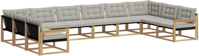 vidaXL Outdoor-Sofagarnitur 10-teilig in L-Form aus Akazienholz mit Textilene und Kissen in Weiß-Hellgrau - Bild 1