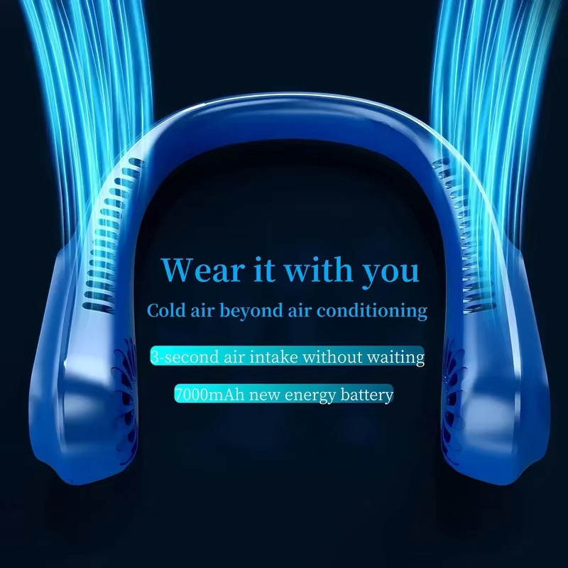 Tragbarer JIYUE Halsventilator in Blau mit 8000 mAh Akku, blattlos, wiederaufladbar und LED-Digitalanzeige - Bild 3