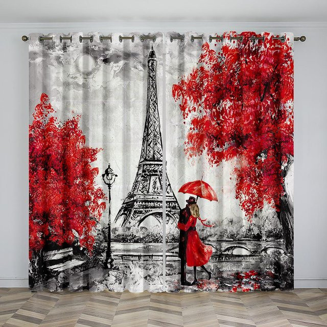 2er-Set Romantische Paris Eiffelturm Vorhänge mit Grafikprint in Weiß, Breite: 50 cm, Höhe: 130 cm - Bild 1