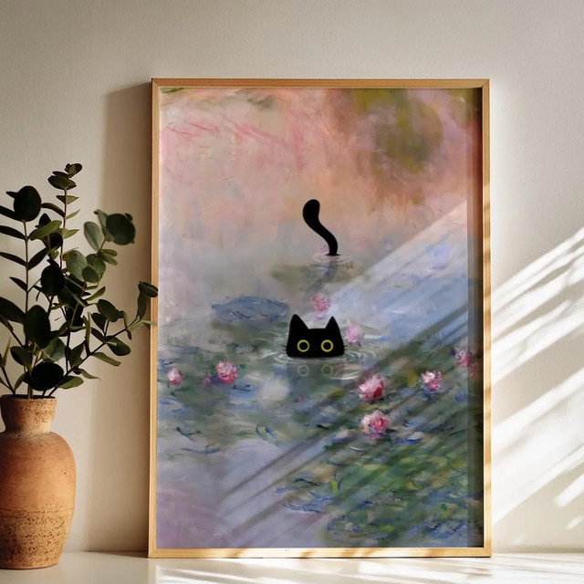 SHENCHEN Claude Monet Seerosen-Katzen Poster als mehrfarbige Wandkunst aus Papier - Bild 1