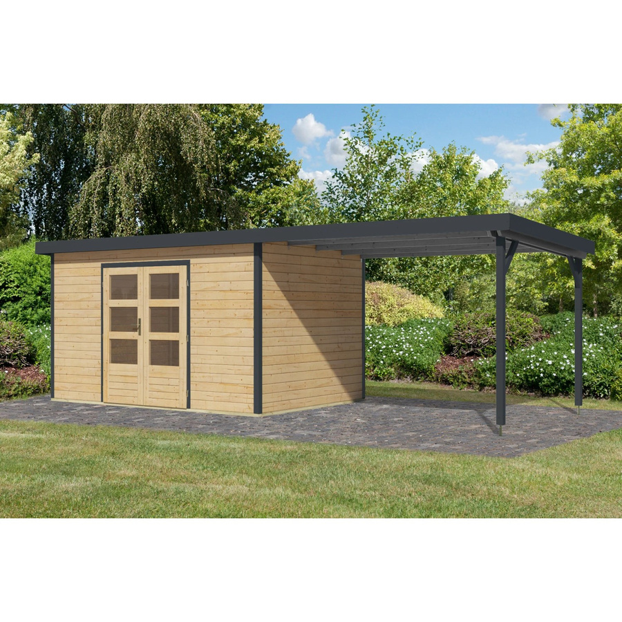 Karibu Gartenhaus Domingo mit Anbaudach in Natur/Anthrazit, B/T/H: 219 x 360 x 240 cm - Bild 2