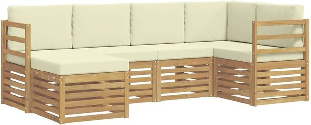 vidaXL Outdoor-Sofagarnitur 6-teilig in L-Form aus Akazienholz mit Polstern in Weiß und Creme-weiß - Bild 1