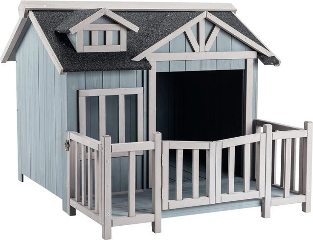 Wiltec Luxus XL Hundehaus aus Fichtenholz in Grau-weiß, wetterfest mit Veranda, B/T/H: 93,5 x 77,5 x 65 cm - Bild 1