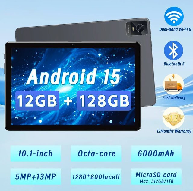 Paitanry Android 15 Tablet mit 10,1 Zoll Display, 12 GB RAM, 128 GB Speicher, 6000-mAh-Akku, Octa-Core Prozessor, Widevine L1, WiFi 6 und GPS - Bild 1