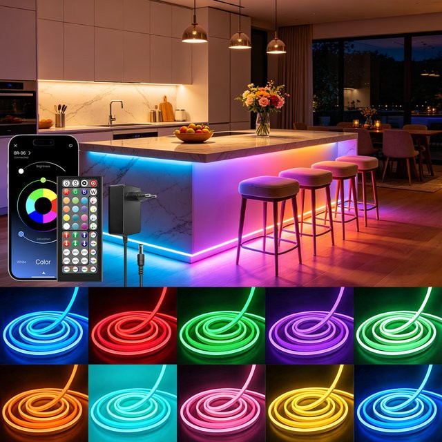 Intelligenter RGB Neon-Flex LED-Lichtstreifen in Multicolour mit Musik-Synchronisation, IP65 wasserdicht und USB-Anschluss für Party und Schlafzimmerdekoration - Bild 1