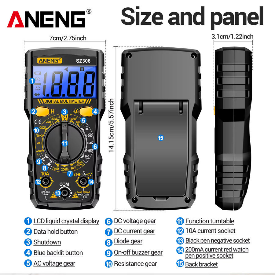 ANENG SZ306 Digitales Multimeter mit 1999 Messungen, 600V AC/DC, 10A DC Strom, Widerstand, NCV und Durchgangsprüfung in Rot und Schwarz - Bild 3