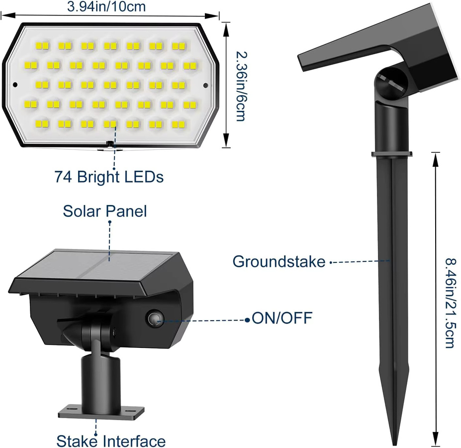 Swiatla 2-in-1 Solar-Landschaftsstrahler mit 74 LEDs, RGB-Farben, IP65 wasserdicht, Schwarz - Bild 2