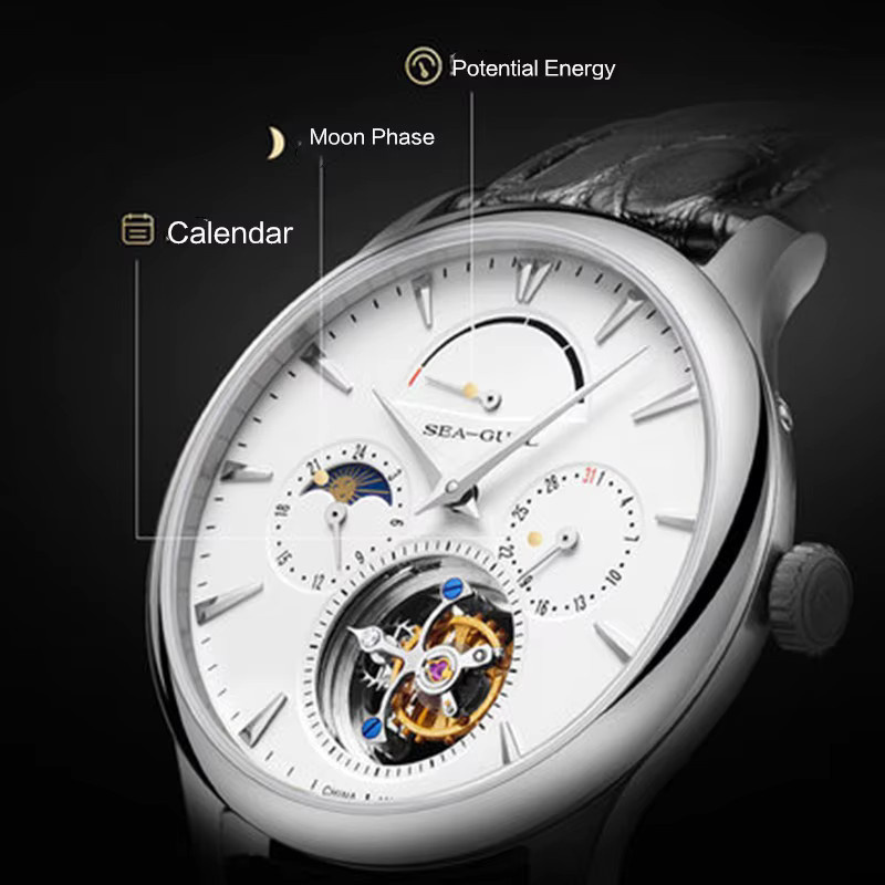 Seagull Armbanduhr Tourbillon, Handaufzug, Edelstahl, Leder, Herren - Bild 3