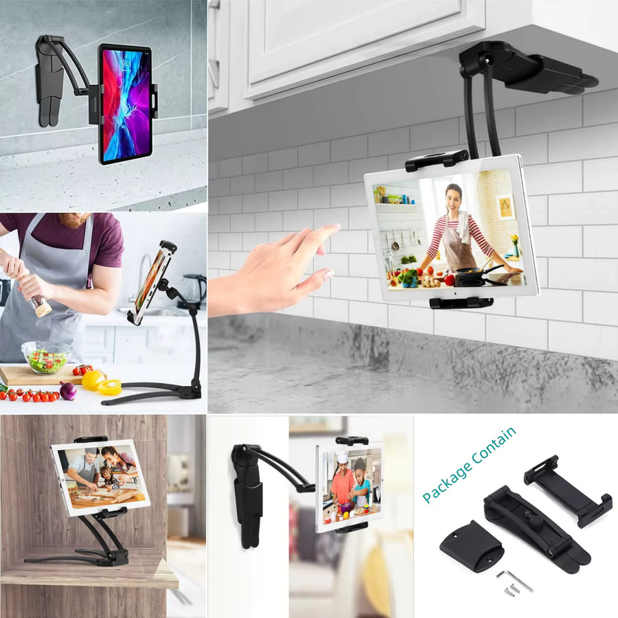 YNMIWEI Küchenschrank Wandhalterung für Tablet und Handy in Schwarz, 360 Grad drehbar, Metall-Halterung für 5 bis 13,5 Zoll Geräte wie iPad, iPhone und Tab - Bild 4
