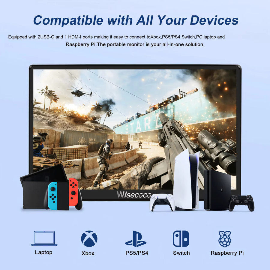 Wisecoco Tragbarer 7 Zoll Monitor mit 120 Hz Touchscreen, Full HD 1080P IPS LCD-Display, USB-C, Schwarz - Bild 2