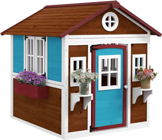 Outsunny Kinderspielhaus aus Tannenholz mit Fenster, Blumenregal, Pflanzenkasten und Tür, B/T/H: 126,4 x 114 x 135 cm, Blau - Bild 4