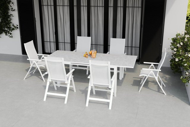 OUTFLEXX Garten-Essgruppe für 6 Personen aus Aluminium und Sicherheitsglas in Weiß mit ausziehbarem Tisch - Bild 1