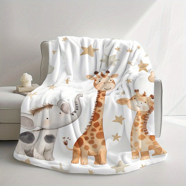 VIKAMA Überwurfdecke mit Cartoon-Giraffe und Elefantenmuster, weiche und warme Nickerchendecke aus Polyester für Kinder, waschbar - Bild 1