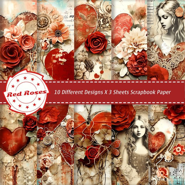 30 Blatt Bastelpapier Vintage-Herz-Rosen-Serie für DIY-Geschenke und Kartenherstellung - Bild 1