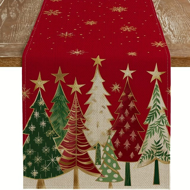 ZZN Weihnachts-Tischläufer aus Leinen in Rot mit Weihnachtsmotiv, rechteckig, Breite: 33 cm, Tiefe: 33 cm, Länge: 183 cm - Bild 1