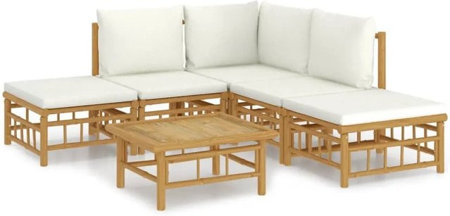 vidaXL 6-tlg Garten-Lounge-Set aus geöltem Bambus mit cremeweißen Kissen in Braun und Weiß - Bild 1