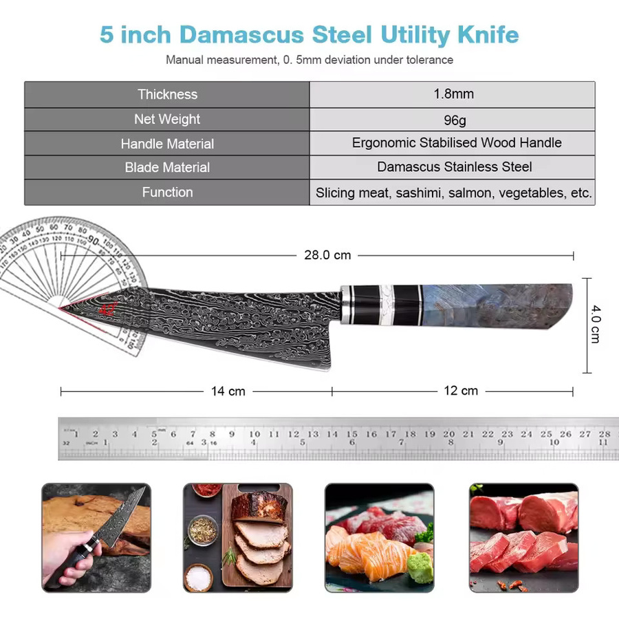 Xituo Japanisches Damast-Allzweckmesser aus VG10-Stahl mit ergonomischem Holzgriff, 5 Zoll, Mehrfarbig - Bild 2