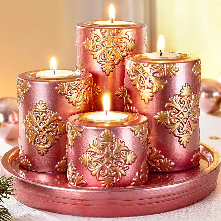 5-teiliger Kerzenteller Adventszeit von viva domo in Gold und Pink für Teelichter - Bild 2