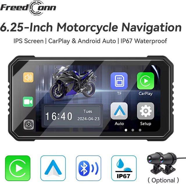 Freedconn Motorrad-Navigationssystem mit 6,25 Zoll Display, GPS, CarPlay, Android Auto, WiFi und wasserdichter Funktion in Schwarz - Bild 1