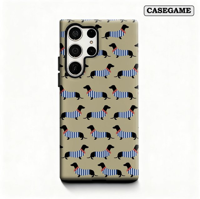 Stoßfeste doppellagige Handyhülle mit Dackel-Motiv und Streifen für Samsung Galaxy S25 Ultra, S24 und S23 Ultra Plus in Multicolour - Bild 1