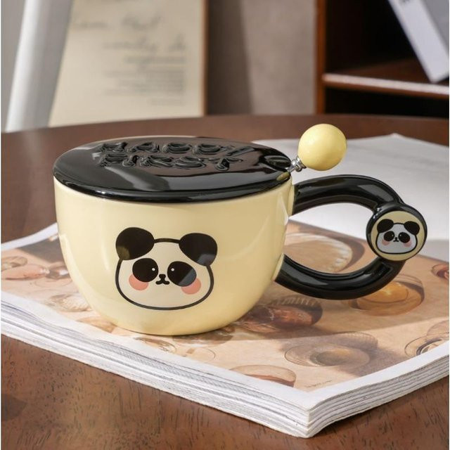 Yiran toy 1 Keramik-Frühstückstasse mit Deckel und Löffel im Tier-Design, 400 ml, Pink, Gelb, Schwarz - Bild 1