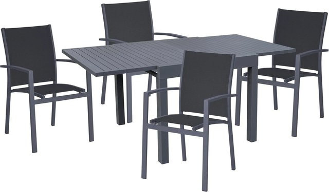 DELUKE Garten-Sitzgruppe DORIAN 5-teilig in Dunkelgrau mit ausziehbarem Esstisch aus Aluminium und Kunststoffgewebe - Bild 1