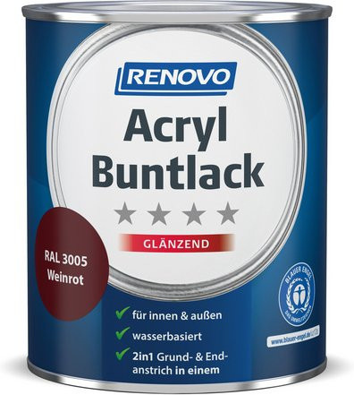 RENOVO Acryl-Buntlack für Holz, weinrot RAL 3005, glänzend, wasserbasiert, 0,75 l - Bild 1