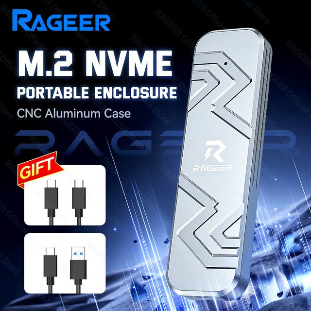 RAGEER M.2 NVMe SSD-Gehäuse mit 10 Gbit/s USB 3.2 Gen2 Aluminiumgehäuse in Silber inklusive USB-A auf USB-C und USB-C auf USB-C Kabeln - Bild 1