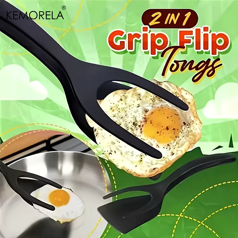 KEMORELA 2-in-1 Griff-Flip-Spatel-Zange aus Nylon in Schwarz, Antihaftbeschichtung für Pfannkuchen, Fisch und Omelett - Bild 3