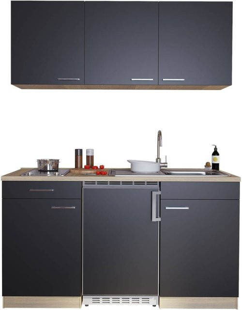 Respekta Economy Singleküche Schwarz Matt mit Edelstahl B/H/T: 150 x 200 x 60 cm - Bild 3