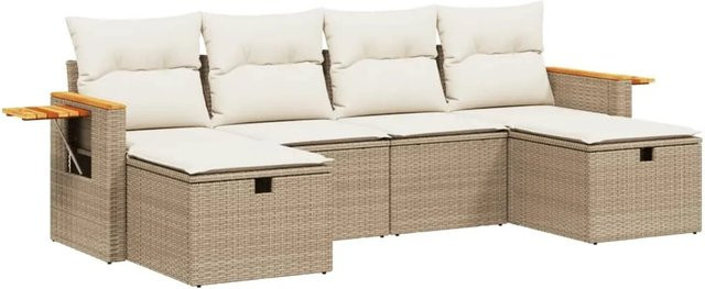 vidaXL 6-teilige Garten-Sofagarnitur aus Poly-Rattan in Beige mit Kissen und pulverbeschichtetem Stahlgestell - Bild 1