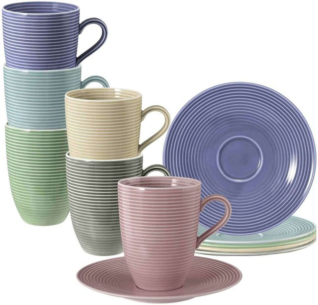Seltmann Weiden Henkelbecher mit Untertassen Beat Color Glaze, 6er Set, Mehrfarbig, 350 ml - Bild 1