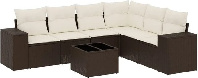vidaXL 7-tlg. Garten-Sitzgruppe in L-Form aus Polyrattan mit Kissen und Glastisch in Braun - Bild 1