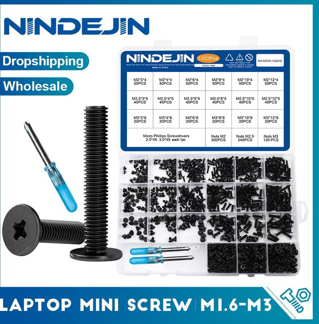 NINDEJIN Laptop-Schraubensatz mit Muttern in Schwarz für Samsung, HP, Dell und Lenovo, Größen M1,6, M2, M2,5 und M3 mit ultradünnem Kopf - Bild 1