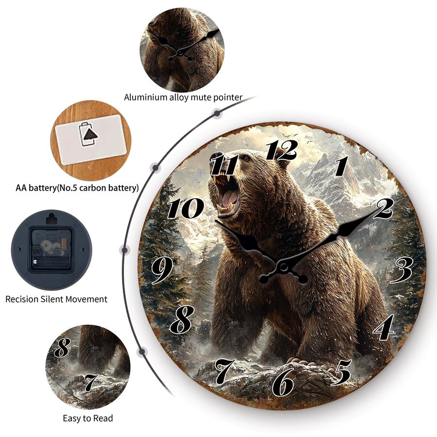 Wild Bear Wanduhr Snow Mountain Naturkunstdekor als stille runde Quarzuhr - Bild 3