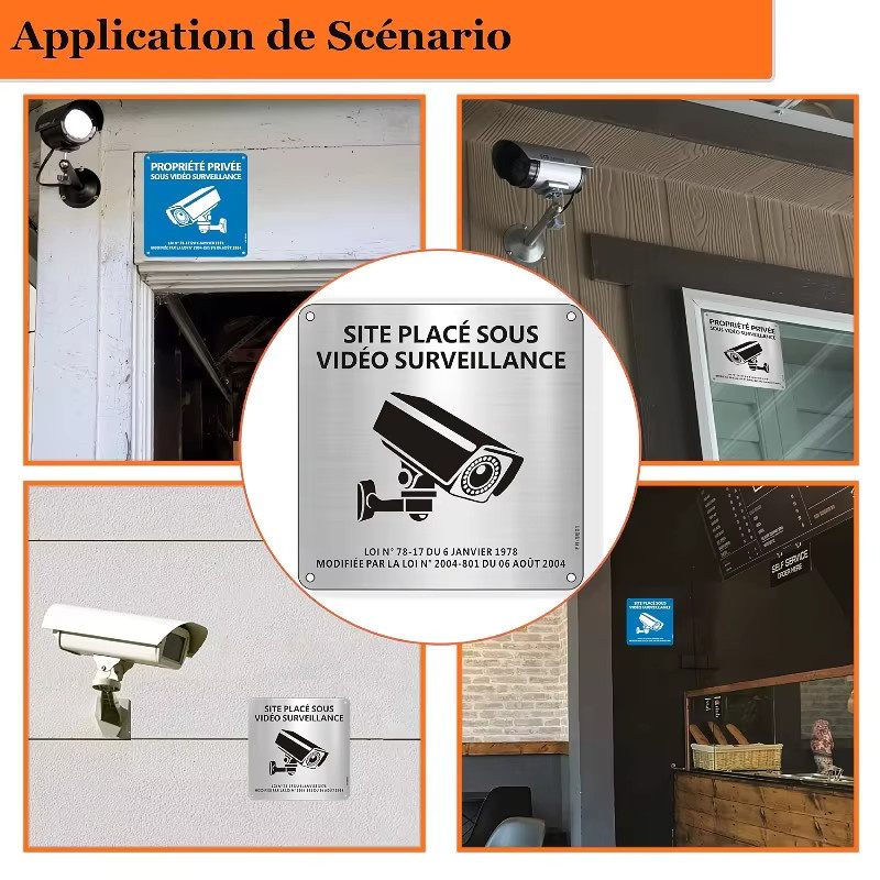 CIFBUY Videoüberwachungs-Schild aus Metall in französischer Sprache, 2er-Set, B/H: 15 x 15 cm, selbstklebend mit Loch zur CCTV-Hinweisung - Bild 2