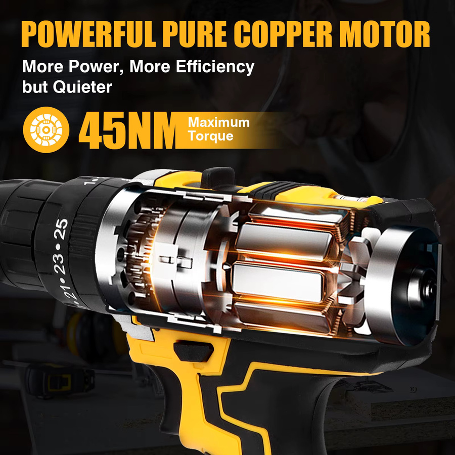 Jemi Tool 3-in-1 Akku-Schlagbohrschrauber-Set in Gelb für Automobil- und Haushaltsarbeiten - Bild 4