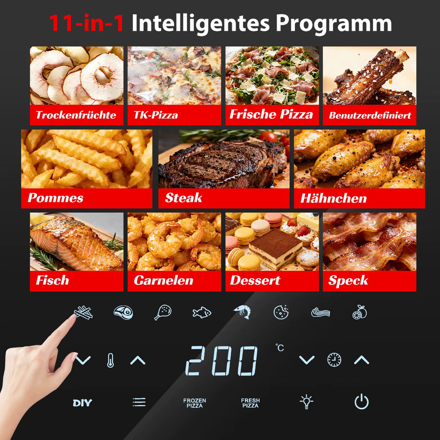 Aigostar Heißluftfritteuse Schwarz mit 2200W, XL Garfläche, Sichtfenster, Touchscreen und 11 Programmen - Bild 3